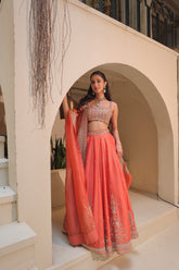 MEHFIL – Coral Orange Zardozi Lehenga